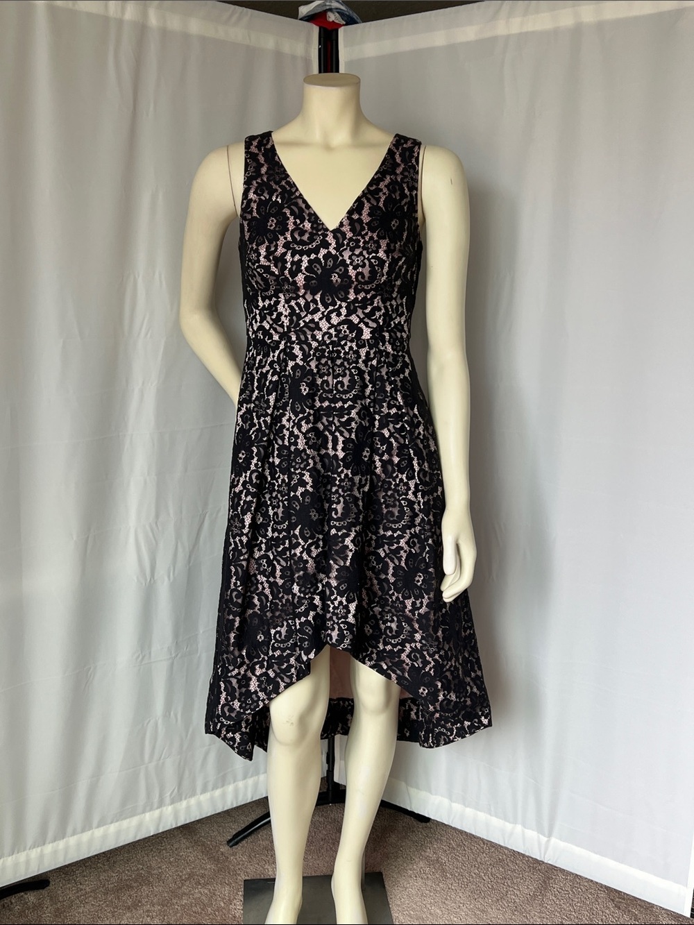 Eliza J Black Lace Overlay with Pink Lining High-Low Dress